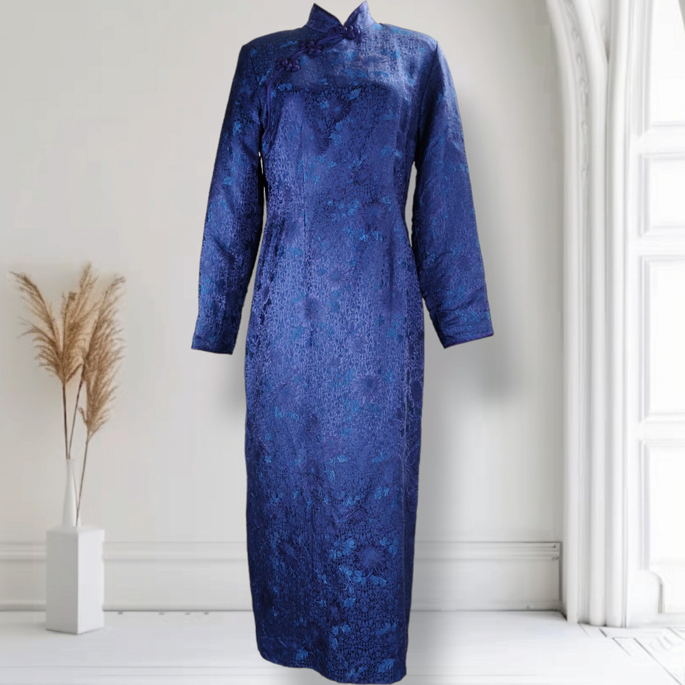 Vintage 90s J Peterman Silk Brocade Cheongsam Qipao Dress Blue Size 10 Rare